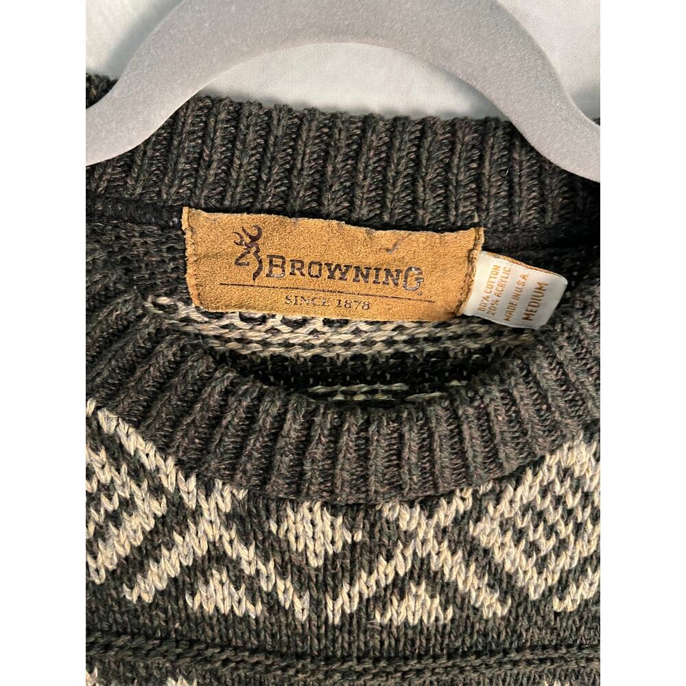 Browning Men’s Medium Fair Isle Knit Sweater Gray Cream Nordic Pattern Pullover